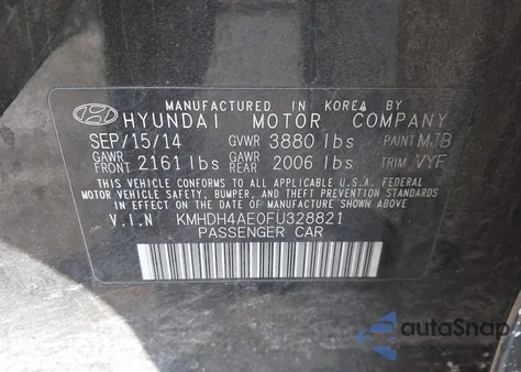 2015 Hyundai Elantra Se from USA, damaged, VIN KMHDH4AE0FU328821